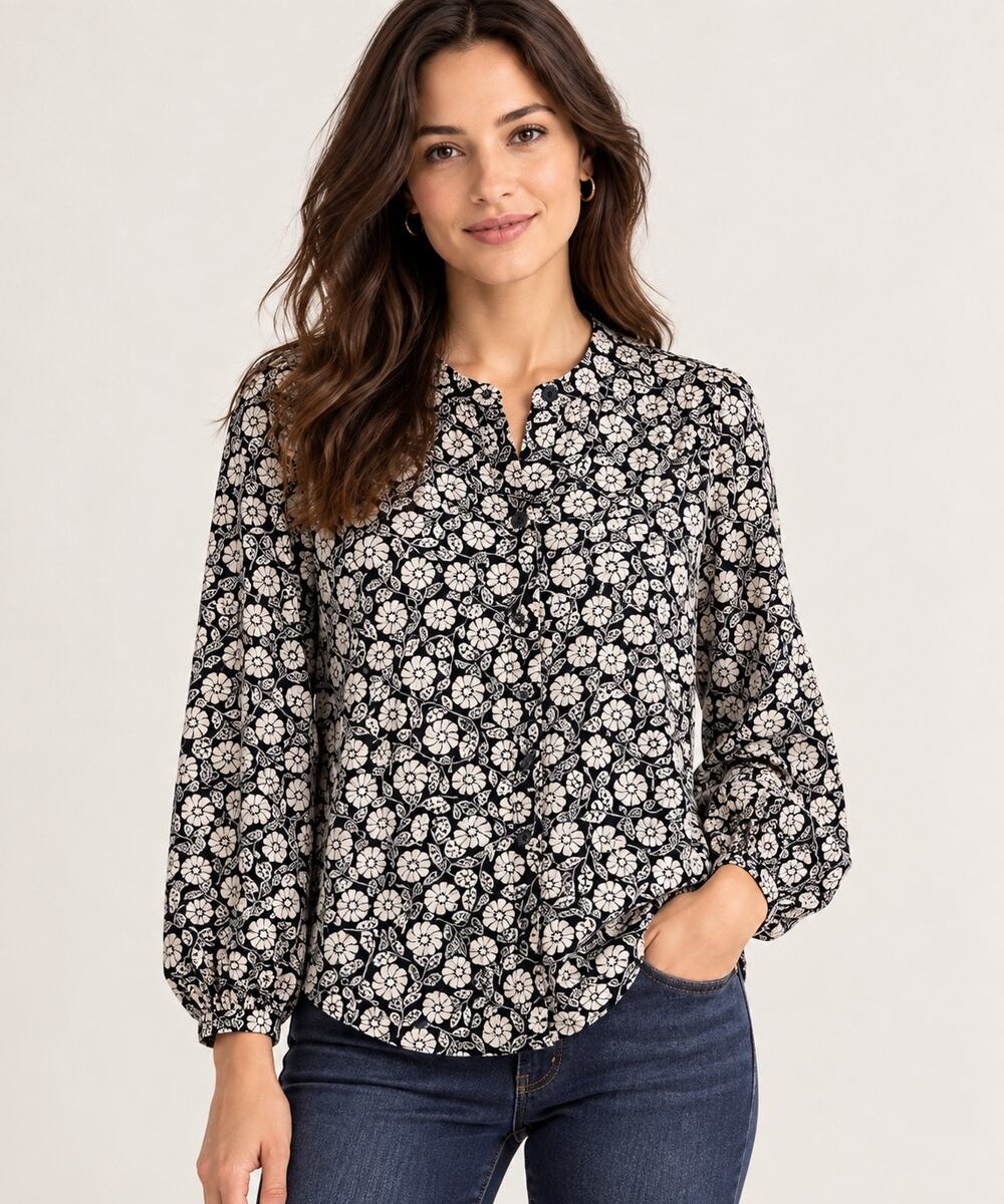 Boden Floral Blouse Black White Botanical Button Front Long Sleeve Size 10R Boho